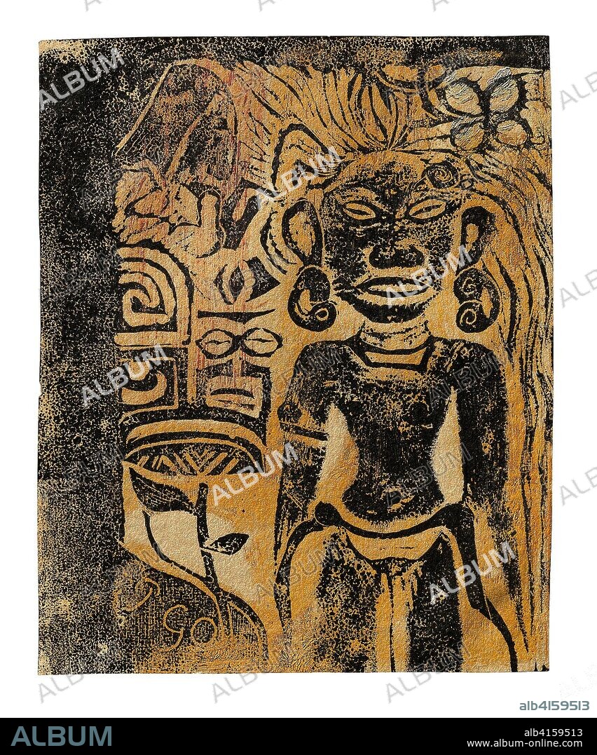 Tahitian Idol--the Goddess Hina. Paul Gauguin; French, 1848-1903. Date: 1894-1895. Dimensions: 148 × 119 mm (image/sheet). Wood-block print in black ink, over brush and solvent thinned and selectively applied yellow ocher, reddish-orange and touches of green and pink wax-and resin-based media, on cream wove paper. Origin: France.