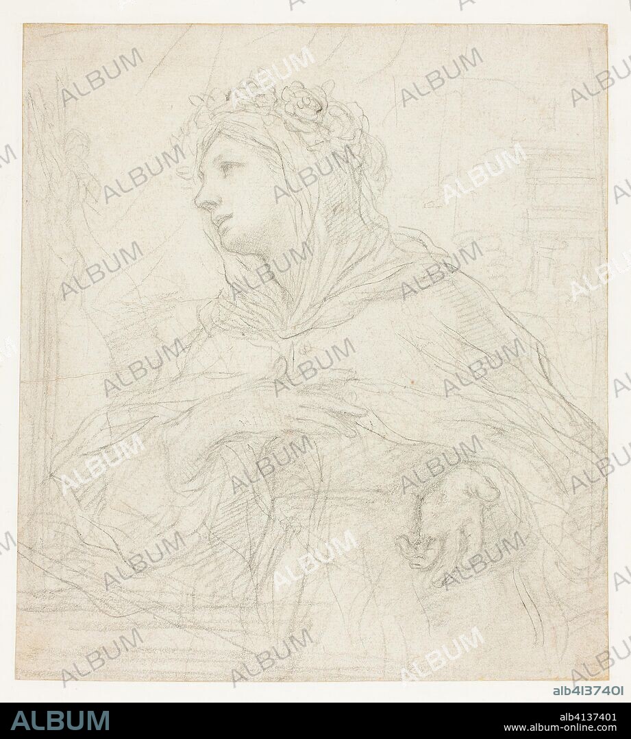 Study of Santa Rosalia of Palermo. Ciro Ferri (Italian, 1634-1689); influenced by Baldassare Franceschini, called Il Volterrano (Italian, 1611-1690). Date: 1659-1664. Dimensions: 204 x 185 mm. Black chalk with smudging on ivory laid paper. Origin: Italy.