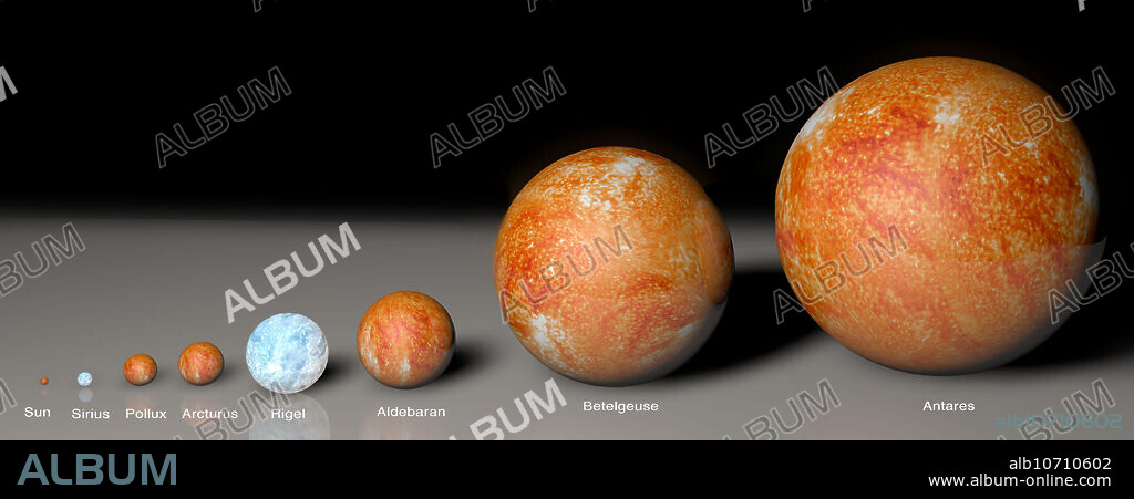 Comparison of star sizes, computer illustration. Rigel is a hot, blue B-class star in the constellation of Orion. It is about 60 times the diameter of the Sun with 15 to 20 times the mass, and emits about 70,000 times as much radiation. Antares is an immense red M-class supergiant in the constellation of Scorpius. It is about 10-15 times the mass of the Sun and emits 40,000 times the radiation. Its diameter is 8 times the distance between the Earth and the Sun. Most supergiant stars will eventually explode as supernovas.
