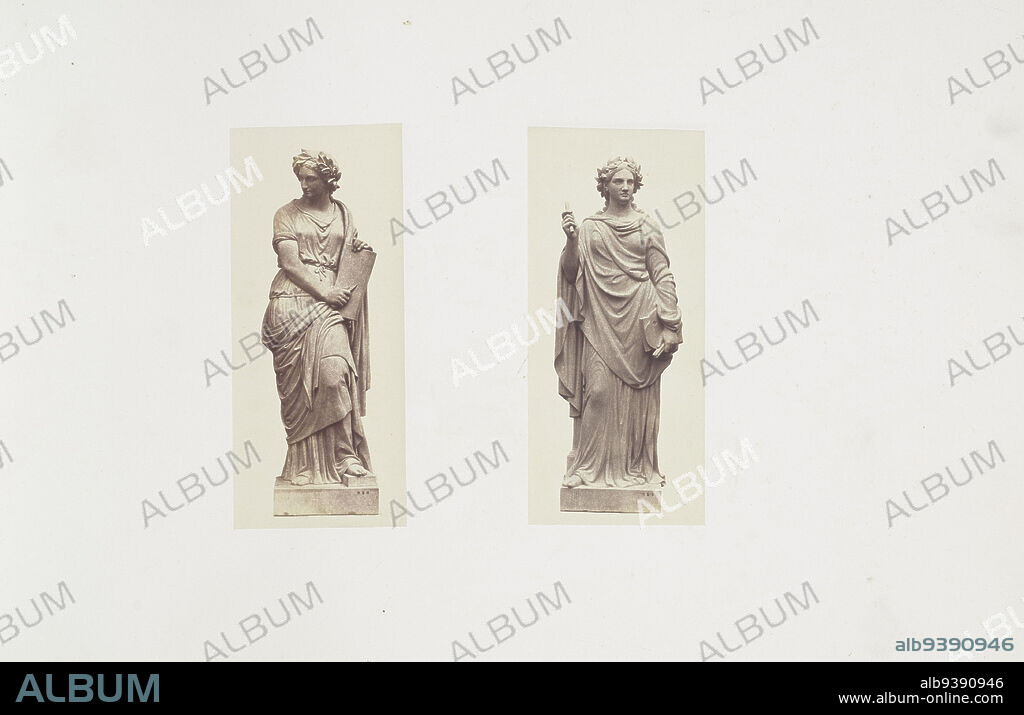 Plaster models for sculptures at the Palais du Louvre: left La Gravure by Jules Droz and right La Peinture by Jean Louis Nicolas Jaley, Part of Réunion des Tuileries au Louvre 1852-1857, album 3., Édouard Denis Baldus, Jules-Antoine Droz, Paris, c. 1855 - c. 1857, paper, salted paper print, height 378 mm × width 556 mm.