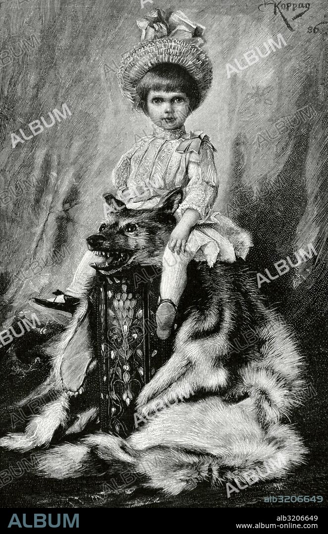 Prince Ferdinand of Bavaria (1884-1958). Infante of Spain. Portrait as a child. Engraving by M. Weber. Almanac of The Illustration, 1888.