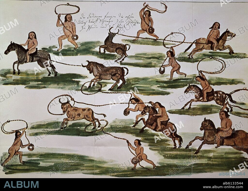 FLORIAN PAUCKE (1719-1780). The Mexican Indians' Method of Hunting, from 'Hacia alla y para aca' (colour litho) - 18th century - colour lithograph.