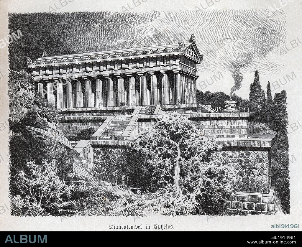 Historia Antigua. Las siete maravillas del mundo antiguo. El templo de Artemisa en Éfeso. Grabado alemán de 1886.