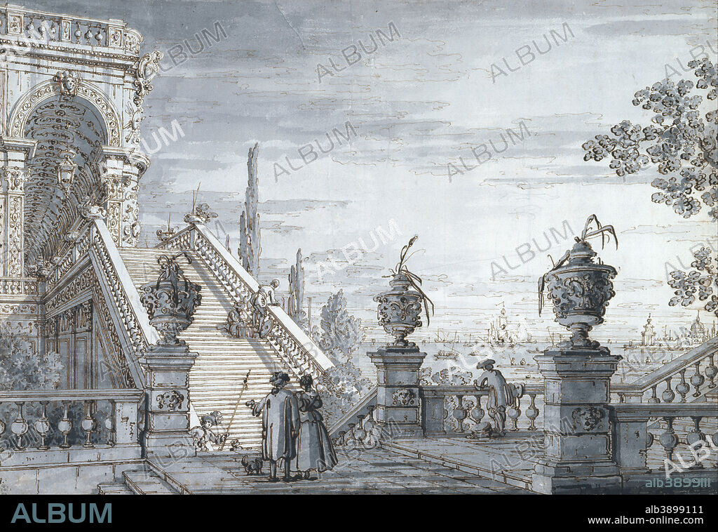 CANALETTO. A capriccio with a monumental staircase. Date/Period: Ca. 1755 - ca. 1760. Drawing. Pen and ink, with grey wash, over ruled and free pencil and pinpointing on paper. Height: 363 mm (14.29 in); Width: 531 mm (20.90 in).