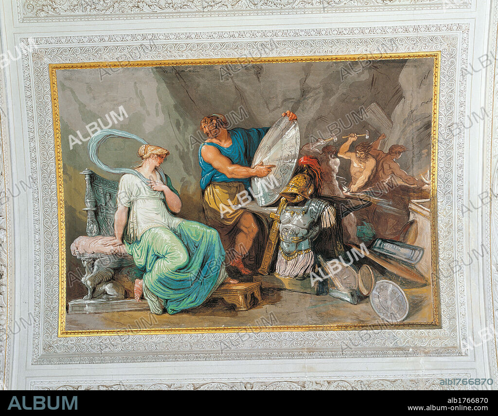 Tethys at Vulcans forge, by Giani Felice, 19th Century, 1802-1805, tempera on wall (fresco) ,. Italy, Emilia Romagna, Ravenna, Faenza, Palazzo Milzetti, Theater Museum, Achilles Gallery, ceiling. All. Panel the forge of Vulcan Hephaestus Thetis blacksmith shield cuirass stucco stuccowork. Authorization required for non editorial use.