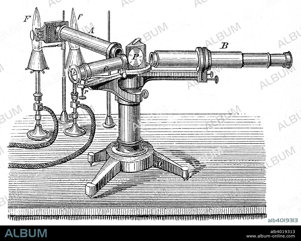 Spectroscopic apparatus used by Robert Wilhelm Bunsen and Gustav Robert Kirchhoff, c1895. Bunsen (1811-1899) and Kirchhoff's (1824-1887) development of spectral analysis (1859) enabled the discovery of elements including caesium and rubidium.