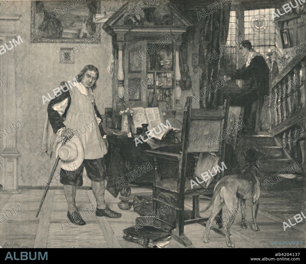 'Mr. Oliver Cromwell of Ely Visits Mr. John Milton', 1883, (1886). 19th century imagining of a scene in which Lord Protector Oliver Cromwell (1599-1658) visits the blind poet John Milton (1608-1674) at his home in Chalfont St Giles, Buckinghamshire. After a painting in the Museum of Fine Arts, Boston, USA. From The Magazine of Art. [Cassell & Company, London, 1886].