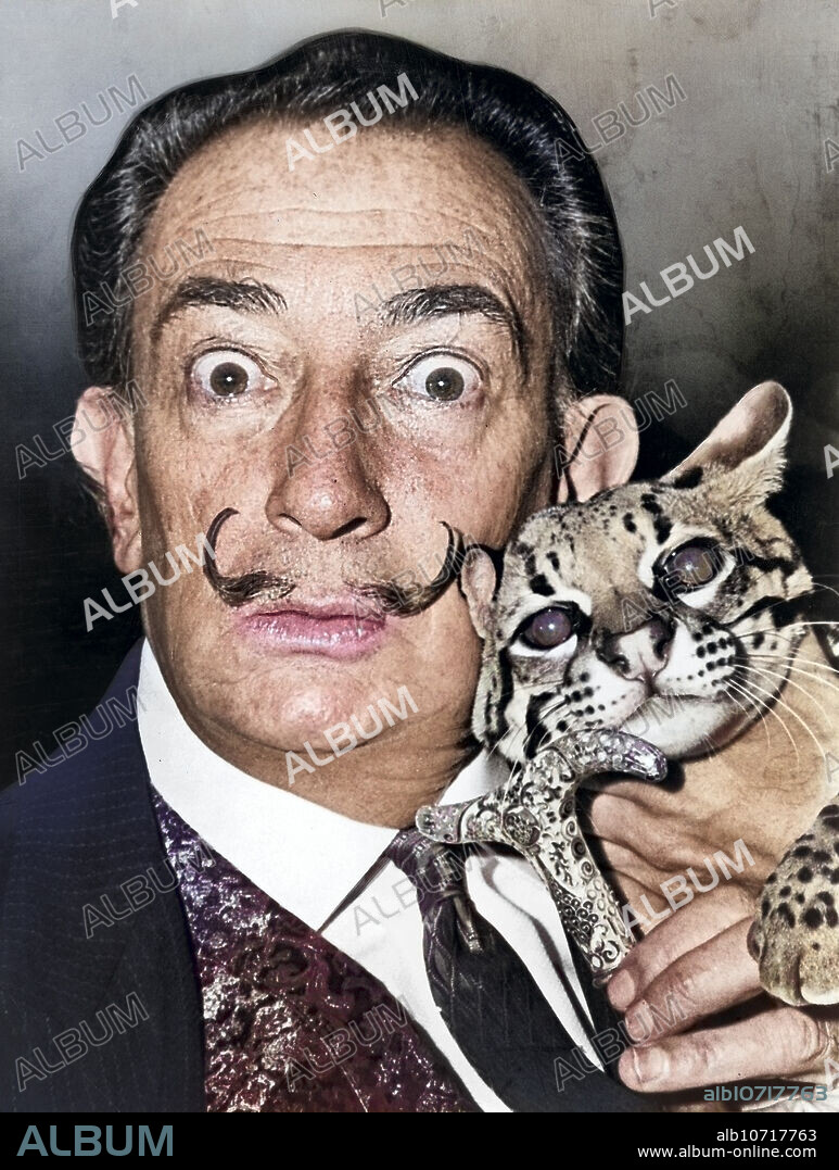 Salvatore Dali, head and shoulders portrait with his pet ocelot, Babou, St. Regis Hotel, New York City, New York, USA, Roger Higgins, New York World-Telegram and the Sun Newspaper Photograph Collection, 1965.