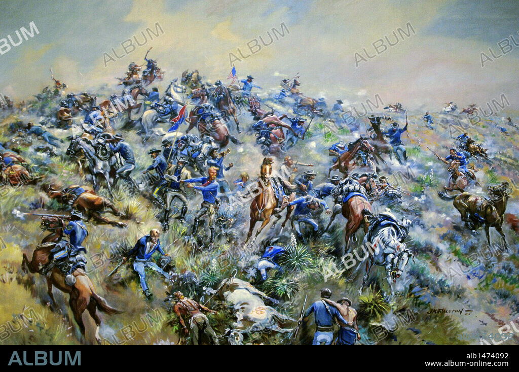 KENNETH RALSTON (J. K. RALSTON) (1896-1987). AMERICAN PAINTER.. Toque de corneta (Call of the Bugle), 1965. Oleo realizado por James Kenneth Ralston (J. K. Ralston) (1896-1987), pintor americano del Viejo Oeste. Muestra a Custer reuniendo a las tropas para la defensa final de Last Stand Hill en la batalla de Little Bighorn (25 de junio de 1876), entre las tribus lakota, cheyennes y arapajó y el 7º Regimiento de Caballería del Ejército de los Estados Unidos bajo el mando de George Armstrong Custer, el cual fue derrotado. Aproximadamente 42 hombres, incluido el teniente coronel Custer, murieron en el grupo en esa ladera. Hacia el final de la batalla algunos soldados intentaron alcanzar el río Little Bighorn, muriendo en las proximidades de Deep Ravine. Escena de los últimos momentos. Centro de visitantes del campo de batalla de Little Bighorn (Little Bighorn Battlefield Visitor Center). Estado de Montana. Estados Unidos.