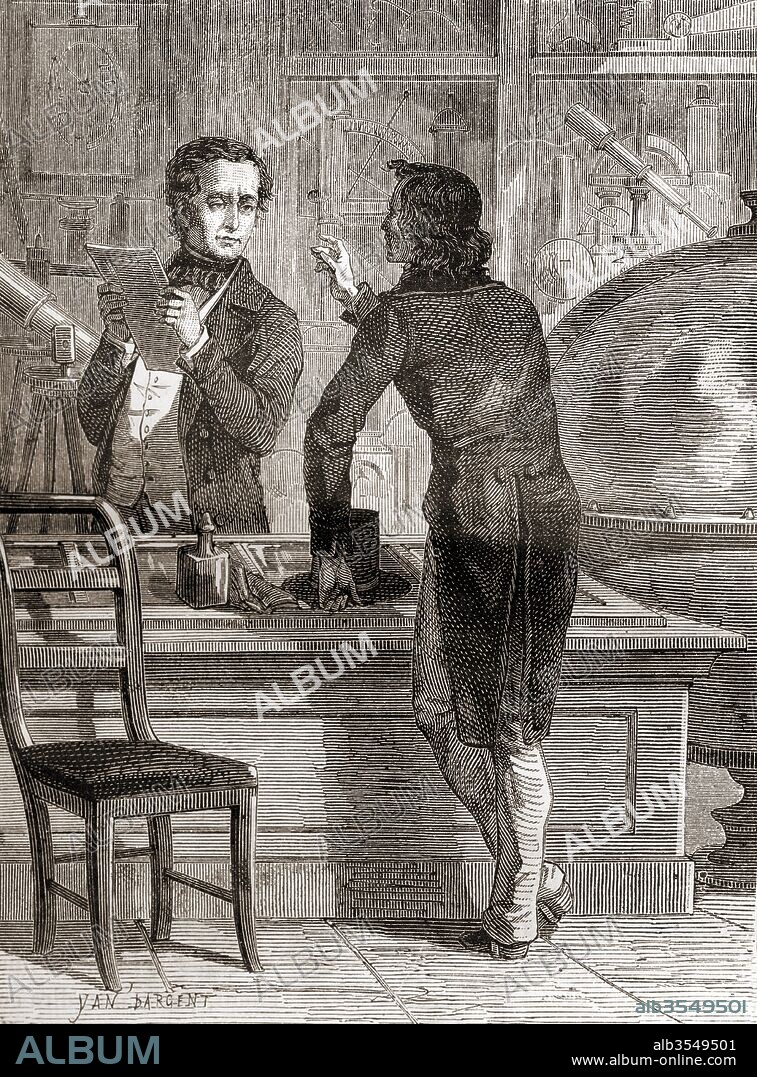 Nicéphore Niépce, whilst still unknown and poor, in Charles Chevalier's optical and instruments shop. Charles Louis Chevalier, 1804- 1859. French engineer/optician. Nicéphore Niépce, born Joseph Niépce,1765 – 1833. French inventor of photography. From Les Merveilles de la Science, published c.1870.