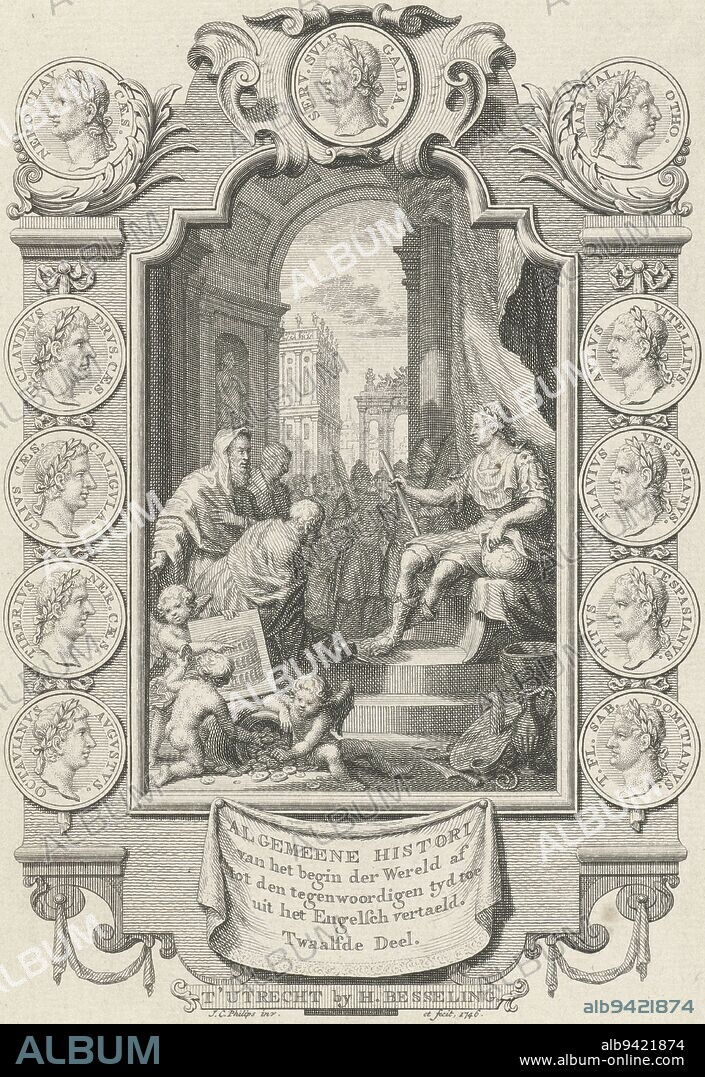 A Roman emperor sits on his throne, scepter and globe in his hands. A priest brings him sacrificial attributes. In the foreground putti with a painting depicting the Colosseum. The representation is framed in a cartouche with medallions containing the portraits of Roman emperors, Allegory of Roman Rule Title page for: K. Westerbaen, Algemeene Histori, 1746, print maker: Jan Caspar Philips, (mentioned on object), Jan Caspar Philips, (mentioned on object), publisher: Hermanus Besseling, (mentioned on object), print maker: Amsterdam, publisher: Utrecht, 1746, paper, etching, engraving, h 175 mm × w 124 mm.