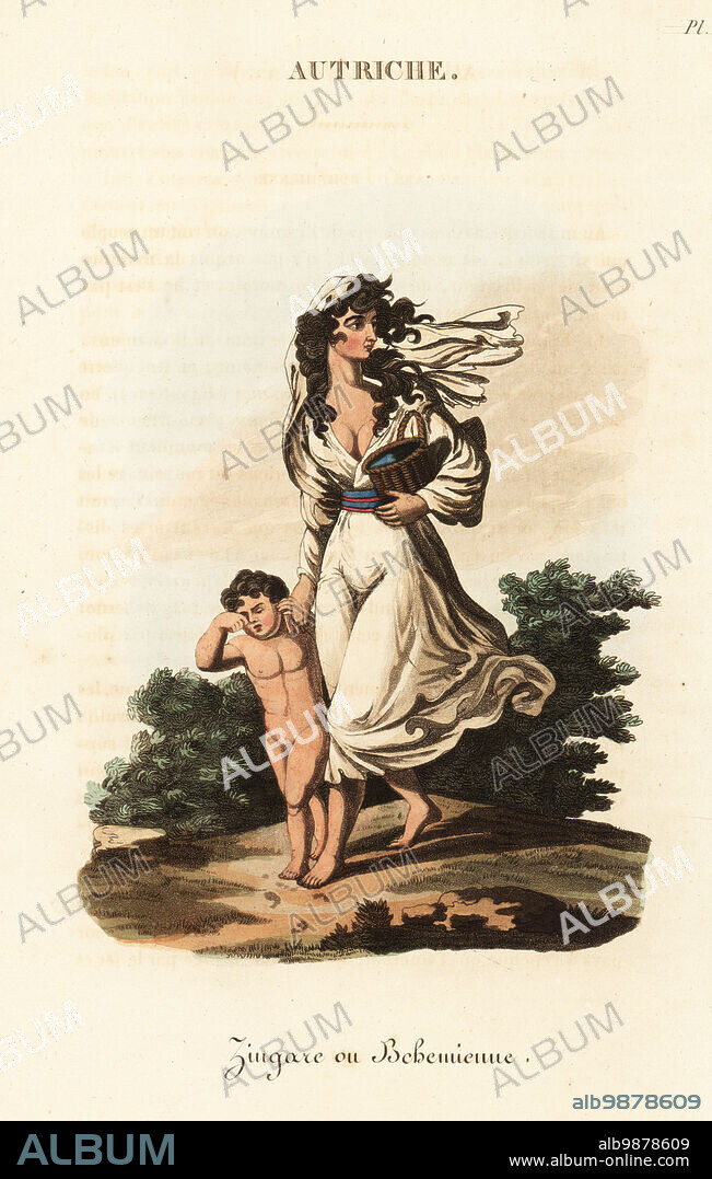 Romani woman and child, 18th century. She wears only a shift and leads a naked child. Zingare ou Bohemienne. Handcoloured copperplate engraving after an illustration by William Alexander from J-B. Eyries L'Autriche: Costumes, Moeurs et Usages des Autrichiens, Austria: Costumes, Manners and Mores of the Austrians, Librairie de Gide Fils, Paris, 1823. Jean-Baptiste Eyries (1767-1846) was a French geographer, author and translator.