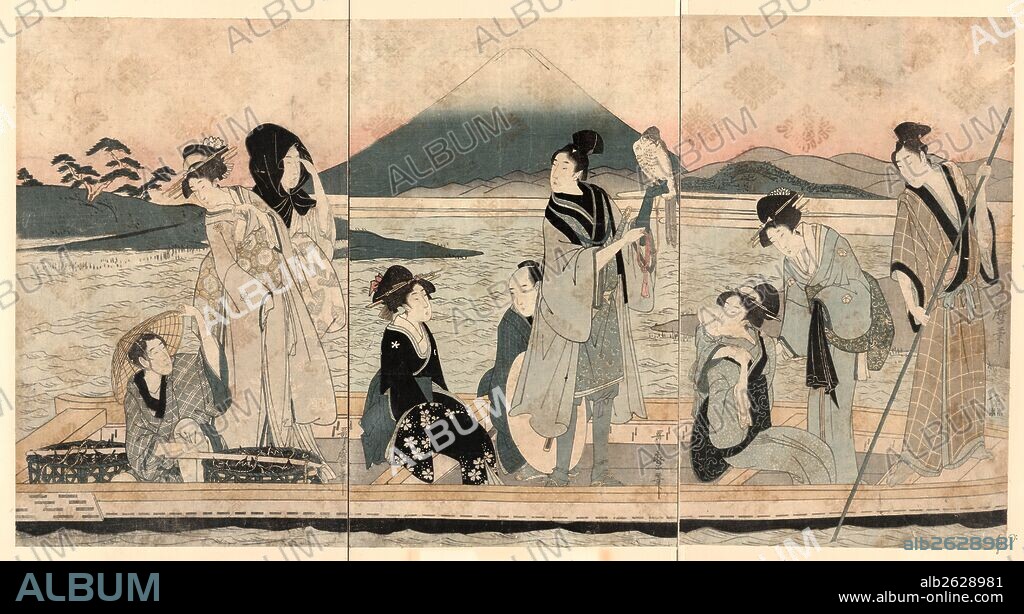 Ichi fuji ni taka san nasubi, First dream: Fuji, hawks, and eggplants., Kitagawa, Utamaro, 1753?-1806, artist, [between 1798 and 1801], 1 print (3 sheets) : woodcut, color ; 37.2 x 23.3 cm (left panel), 37.1 x 23 cm (center panel), 37.3 x 22.9 cm (right panel), Print shows five women, four men, and a child in a ferry; one man is poling the boat and one man is a porter seated at the back of the boat with baskets of eggplants, the women, child, and a man holding a falcon on his left forearm, and the fourth man may be a hunting party being ferried across the river. View of Mount Fuji in the background.