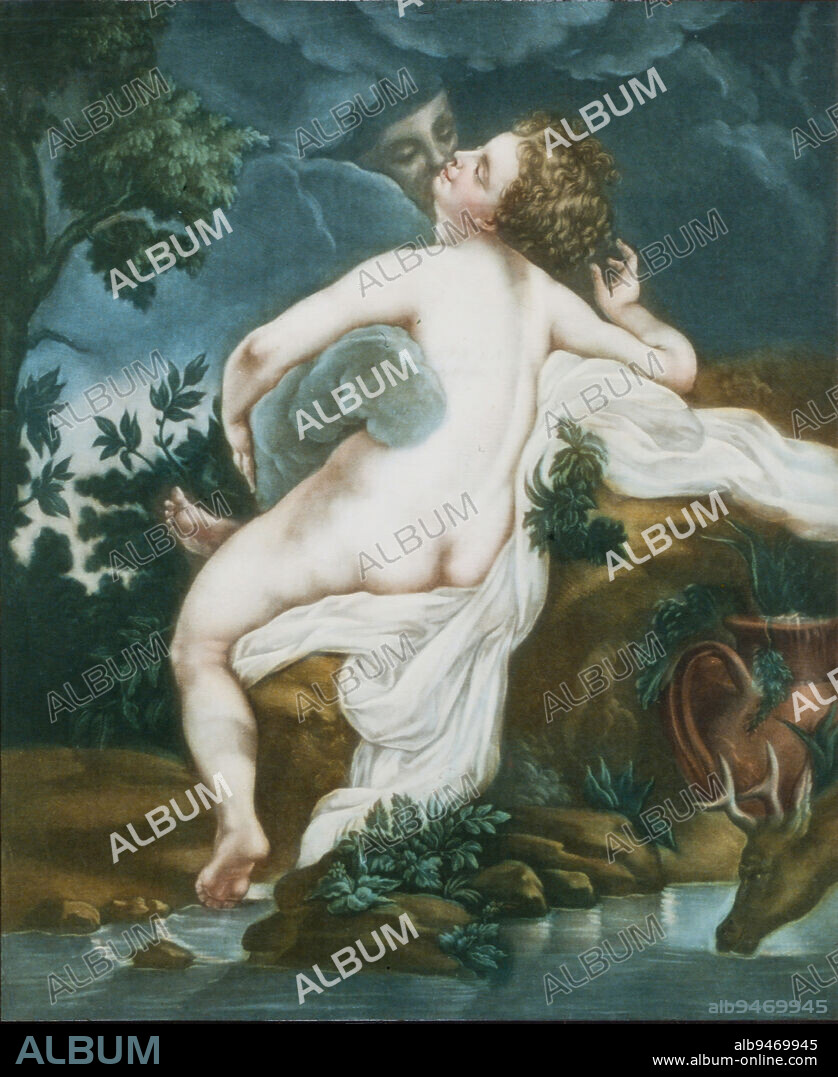Jupiter and Io, 18th century, Edouard Gautier-D'Agoty; Artist: after Correggio (Antonio Allegri), French, 1745 - 1783, 23 5/8 x 19 3/8 in. (60.01 x 49.21 cm) (image, sheet, cut within platemark and image)), Color mezzotint, France, 18th century.