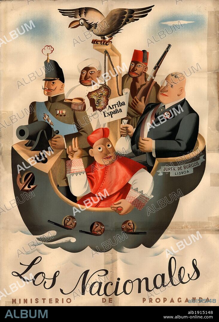 España. Guerra civil. Cartel propagandístico Los Nacionales, publicado por el Ministerio de propaganda del gobierno de la república. Año 1938.