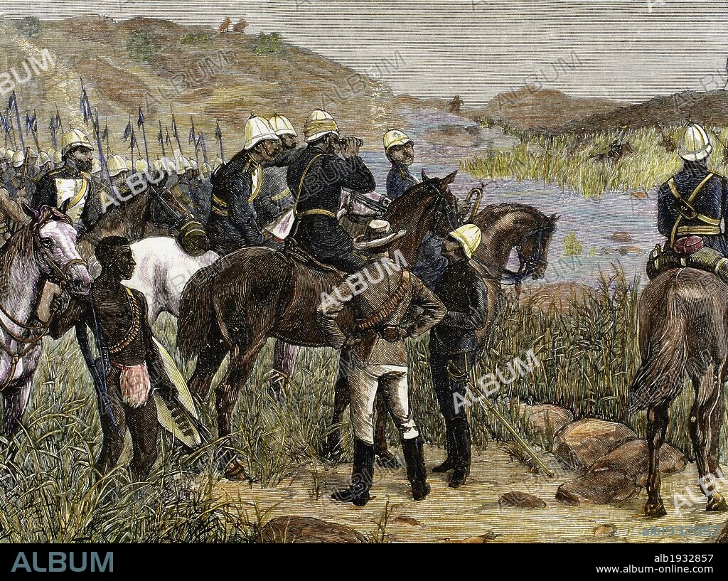 COLONIALISMO. AFRICA. AFRICA DEL SUR. "CAPTURA DE CETEWAYO". El destacamento del Mayor Marter avista el KRAAL, último refugio del ex-rey de los zulúes. Grabado coloreado de "La Ilustración Española y Americana" (año 1879), a partir de un croquis de un oficial del destacamento.