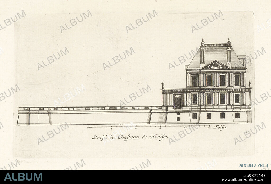 Profile of the Chateau de Maisons (now Chateau de Maisons-Laffitte), designed by French architect Francois Mansart. Profil du Chasteau de Maison. Copperplate engraving drawn and engraved by Jean Marot from his Recueil des Plans, Profils et Elevations de Plusieurs Palais, Chasteaux, Eglises, Sepultures, Grotes et Hotels, Collection of Plans, Profiles and Elevations of Palaces, Castles, Churches, Tombs, Grottos and Hotels, chez Mariette, Paris, 1655.