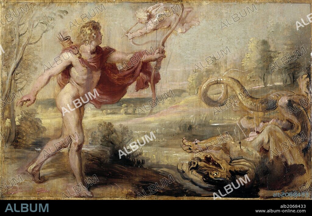 PETER PAUL RUBENS. Pedro Pablo Rubens / 'Apolo y la serpiente Pitón', 1636-1637, Escuela Flamenca, Óleo sobre Tabla, 26,8 cm x 42,2 cm, P02040.