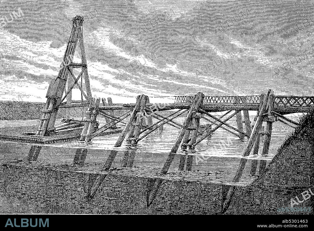 Caesar's Rhine bridge, Germania, about 50 BC., Germany  /  Cäsars Rheinbrücke, Germanien, ca 50 v.Chr., Deutschland, Historisch, historical, digital improved reproduction of an original from the 19th century / digitale Reproduktion einer Originalvorlage aus dem 19. Jahrhundert,.