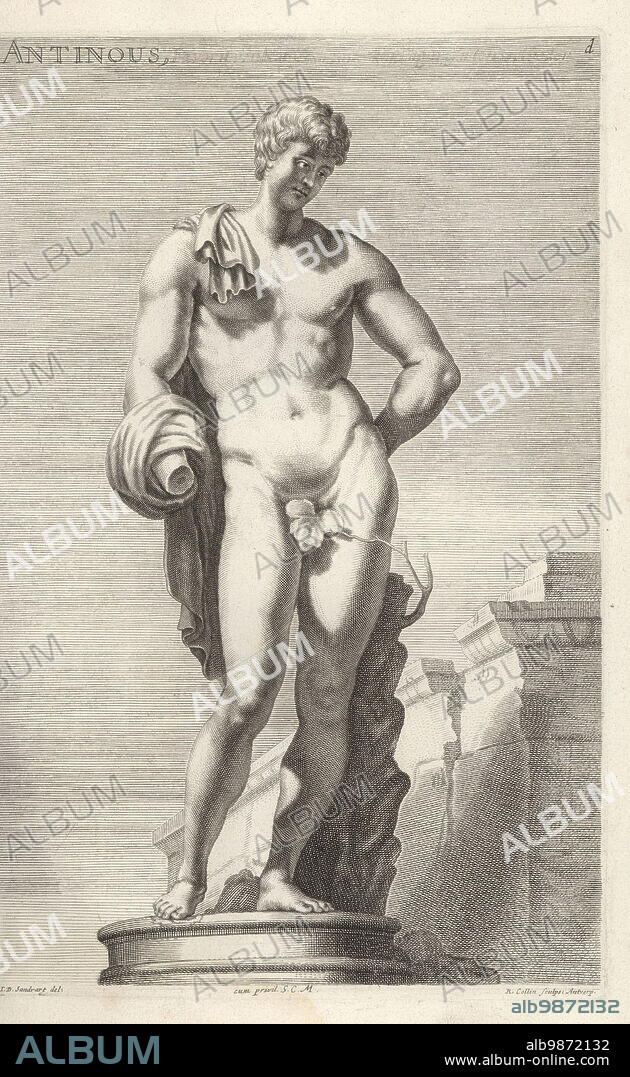 Antinous, Greek youth, handsome lover of the Roman Emperor Hadrian. With chlamys cloak, missing hand, and fig-leaf over his genitals. From a sculpture in the Belvedere Villa, now in the Vatican Museum. Antinous, Favorit von Kaiser Adriano in Papal Garten Belveder. Copperplate engraving by Richard Collin after an illustration by Joachim von Sandrart from his LAcademia Todesca, della Architectura, Scultura & Pittura, oder Teutsche Academie, der Edlen Bau- Bild- und Mahlerey-Kunste, German Academy of Architecture, Sculpture and Painting, Jacob von Sandrart, Nuremberg, 1675.
