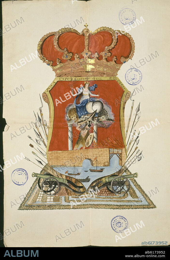 ESCUDO DE LA CIUDAD DE SAN FERNANDO, ANTIGUA ISLA DE LEON, DONDE SE CELEBRARON LAS PRIMERAS CORTES - 1813.
