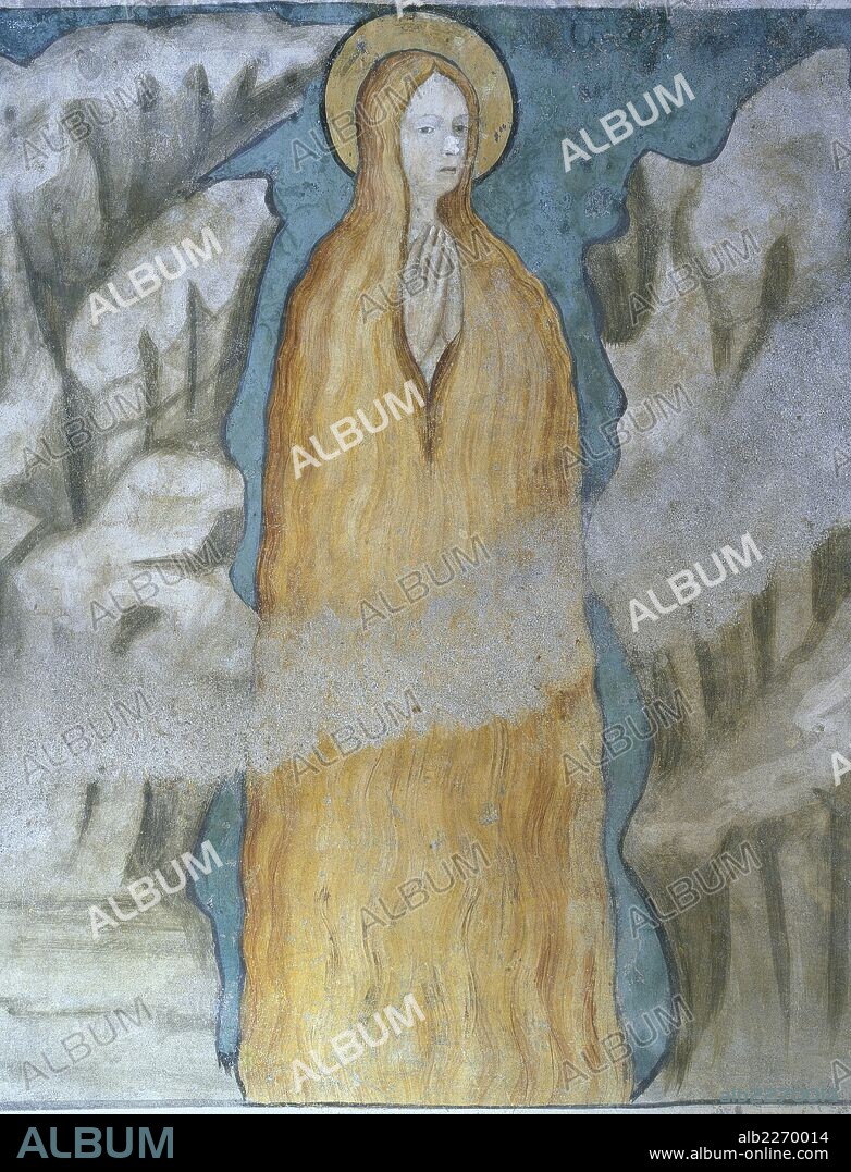 MARIA EGIPCIACA, Santa (h.344-h.421). Penitente y asceta egipcia. Detalle de un fresco de la Capilla de Santa María (siglo XV) con la representación de MARIA EGIPCIACA luciendo una larga cabellera rubia. Abadía Benedictina de Novalesa. Provincia de Turín. Italia.