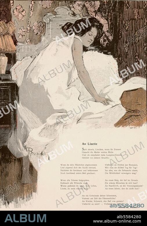 Musset, Alfred de; franz. Dichter. 1810-1857. "An Lisette". (Illustration zu dem Gedicht). Farbholzstich nach Zeichnung von Ferdinand von Reznicek (1869-1909). Aus: Sie. Reznicek-Album, München. (A.Langen) 1900, Nr. XVIII. Berlin, Sammlung Archiv für Kunst und Geschichte.
