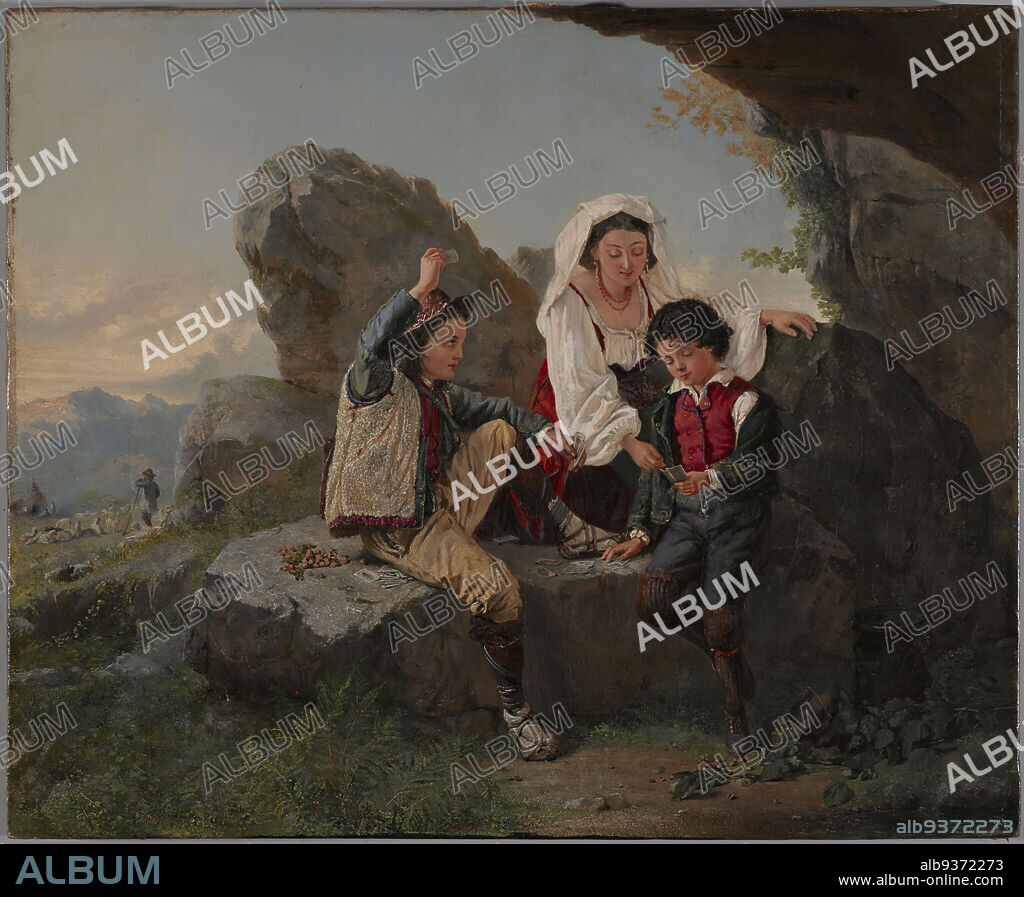 The Trump Card, Conrad Wise Chapman, American, 1842-1910, Oil on canvas, 1868, 20 13/16 x 25 1/2 in., 52.9 x 64.7 cm, 1868, 19th Century, children, Earrings, figures, games, gotcha, leisure, oil on canvas, painting, rocks, veil, x-ray, xray, youth.