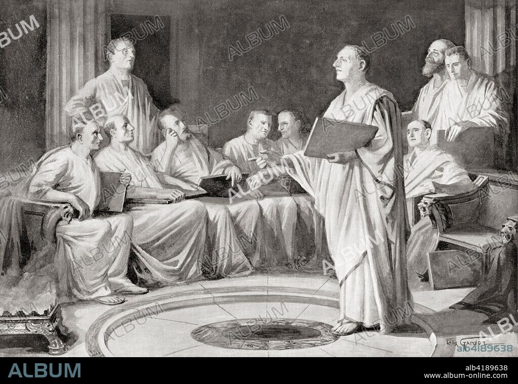 The Decemvirs framing the Twelve Tables.  The Law of the Twelve Tables was the legislation that was the foundation of Roman law. The Tables consolidated earlier traditions into an enduring set of laws.  From Hutchinson's History of the Nations, published 1915.