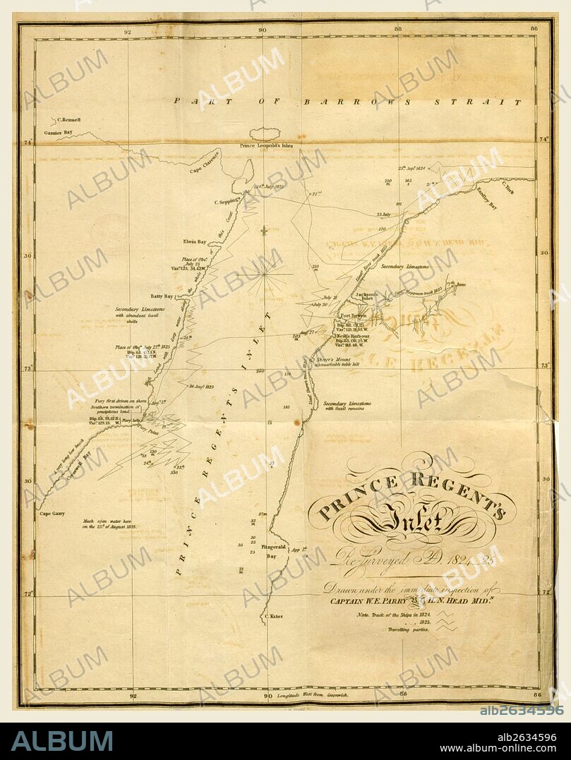 Prince Regent Inlet, Nunavut, Canada between the west end of Baffin Island and Somerset Island on the west. It opens north into Lancaster Sound and to the south merges into the Gulf of Boothia. 1824, 1825, 19th century engraving.