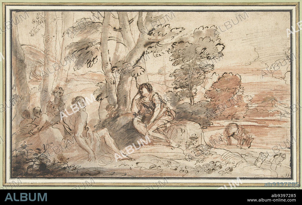 Ermina at the shepherds, draughtsman: Pier Francesco Mola, 1622 - 1666, paper, pen, brush, h 270 mm × w 347 mm.