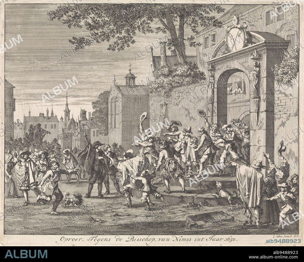 Print marked top right: Third Part Fol. 92., Revolt against the Bishop of Nîmes, 1650 Revolt, Against the Bishop of Nimes int Year 1650 , print maker: Jan Luyken, (mentioned on object), Jan Luyken, (mentioned on object), publisher: Jan Claesz ten Hoorn, Amsterdam, 1696, paper, etching, h 294 mm × w 363 mm.