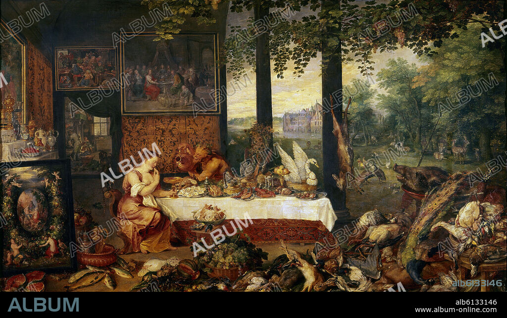 PETRUS PAULUS RUBENS Y JAN BRUEGHEL DE VELOURS. LOS CINCO SENTIDOS - EL GUSTO - 1618 - OLEO/TABLA - 64x109 cm - BARROCO FLAMENCO - NP 1397.