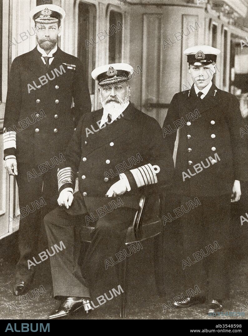 From left, Prince of Wales, later King George V, King Edward VII, seated, and Prince Edward, later Edward VIII. George V, George Frederick Ernest Albert, 1865 – 1936. King of the United Kingdom. Edward VII, Albert Edward, 1841 – 1910. King of the United Kingdom of Great Britain and Ireland. Edward VIII, Edward Albert Christian George Andrew Patrick David, later The Duke of Windsor, 1894 – 1972. From The Story of 25 Eventful Years in Pictures, published 1935.