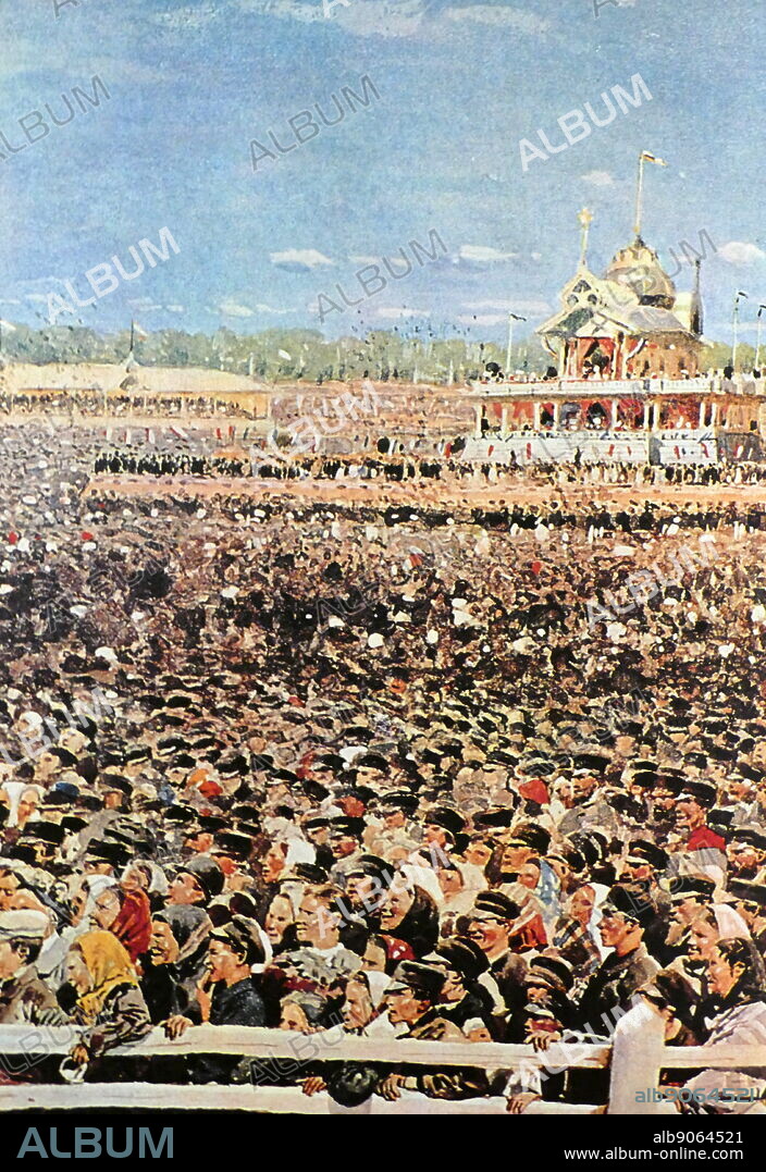 Painting of peasants awaiting their gifts in the packed Khodynka Field, Moscow, at the time of the coronation, which carries no hint of the tragic stampede that followed (Khodynka Tragedy). Painted for the Royal Family. Dated 19th Century.