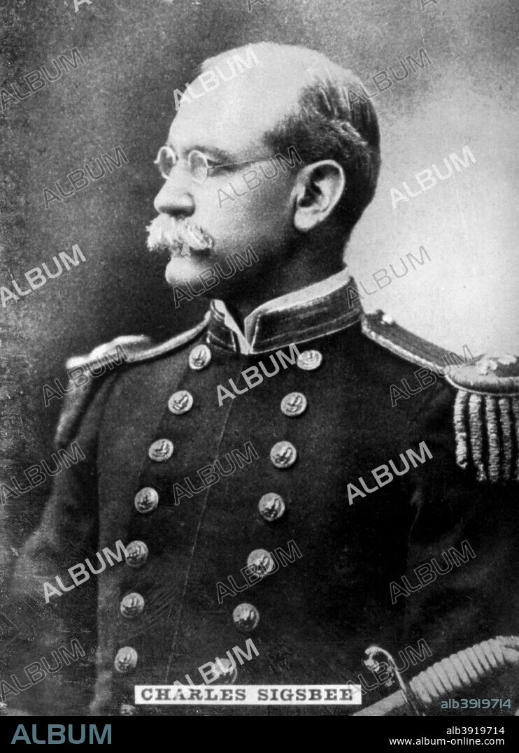 Charles Dwight Sigsbee (1845-1923), Rear Admiral in the United States Navy, c1910. In his earlier career he was a pioneering oceanographer and hydrographer. He is best remembered as the captain of the USS Maine, which exploded in Havana harbor, Cuba, in 1898. The explosion set off the events that led up to the start of the Spanish American War. Cigar card from the History of Cuba, Geografico Universal, Propaganda de los Cigarros Susini y La Corona, Tabacalera Cubana.