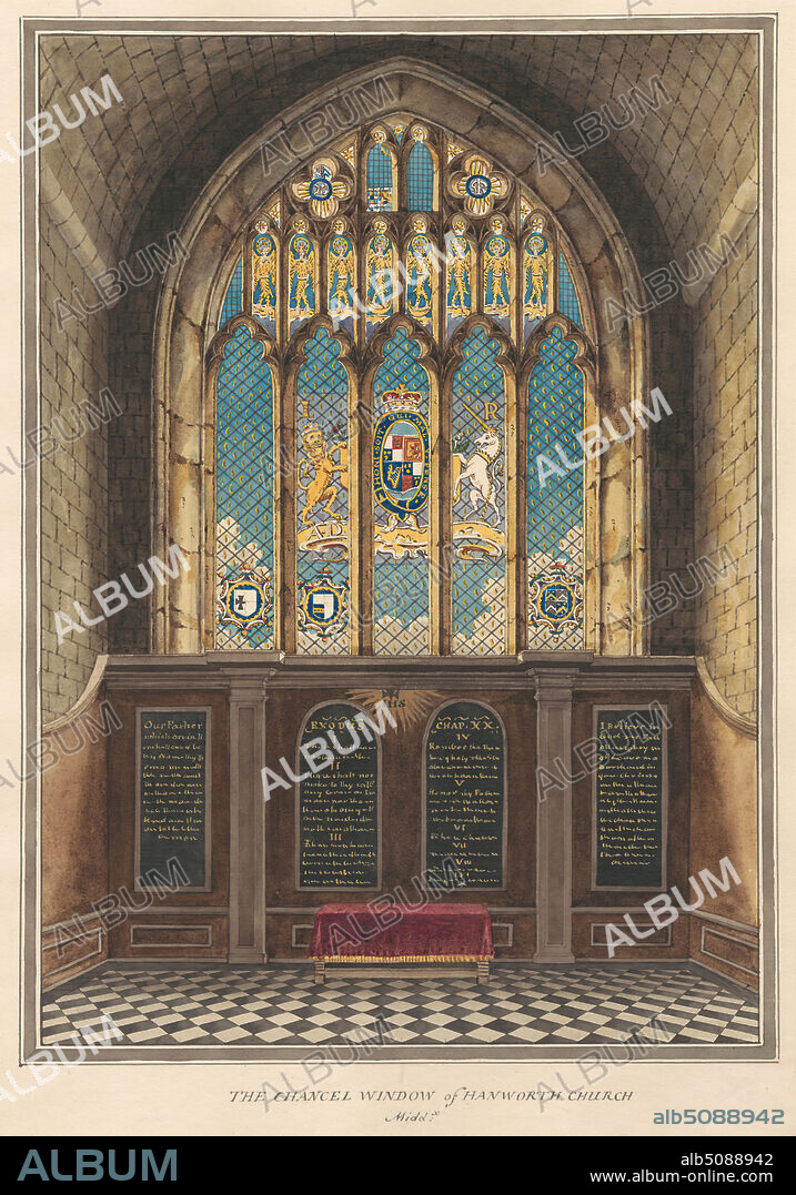 The Chancel Window of Hanworth Church, Daniel Lysons, 17621834, British, between 1796 and 1811, Pen and black ink, watercolor and gouache over graphite on medium, slightly textured, cream wove paper, Sheet: 14 3/4 × 10 5/8 inches (37.5 × 27 cm), architectural subject, chancel, church, memorial, window, Feltham, Greater London, Hanworth, London, St Dunstan's Church, United Kingdom.