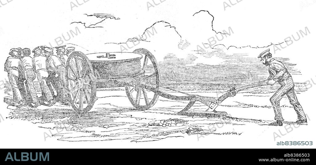 Electric Telegraph for the Seat of War - Plough for Laying the Wire, 1854. Crimean War. 'The appliances for laying out the wire over irregular ground, and through marshes and rivers, are very ingenious, and the instruments are so thoroughly portable that after being shifted from place to place they can be fixed in working order in a few seconds. For communications by day and night, between distant points, such as the banks of a river, a distant outpost, or battery in intrenchments, between vessels at sea, and especially between the fleet and the shore, this novel auxiliary will doubtless prove of the highest utility. The mode of communication is as follows: The wire is deposited by a subsoil plough in the ground...the wire being coiled round a wheel revolving horizontally, attached to a carriage drawn in advance. The whole apparatus can be worked by the strength of eight men'. From "Illustrated London News", 1854.