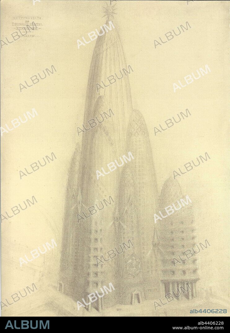 ANTONI GAUDÍ y JOAN MATAMALA FLOTATS. El Hotel Atracción, proyecto irrealizado del arquitecto español Antoni Gaudí para construir un hotel-rascacielos en la ciudad estadounidense de Nueva York, en la zona de Manhattan, 1908.