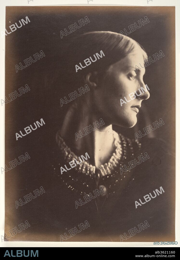 JULIA MARGARET CAMERON (PHOTOGRAPHE). Mrs. Herbert Duckworth. Artist: Julia Margaret Cameron (British (born India), Calcutta 1815-1879 Kalutara, Ceylon). Dimensions: 32.8 x 23.7 cm (12 15/16 x 9 5/16 in.). Date: 1867.
This portrait of Julia Jackson, which is usually trimmed to an oval, suggests an antique cameo carved in deep relief. Its success lies partly in its subject's actual beauty and partly in the way the photographer modeled it to suggest Christian and classical ideals of purity, strength, and grace. The photograph was made the year Julia married Herbert Duckworth. Three years later she was a widow and the mother of three children. 
Her second marriage, in 1878, to the great Victorian intellectual Sir Leslie Stephen, produced the painter Vanessa Bell and the writer Virginia Woolf. In her novel To the Lighthouse (1927), Virginia portrayed her mother as the searching, sensitive Mrs. Ramsay, ever suspended in thought. "She bore about with her, she could not help knowing it, the torch of her beauty; she carried it erect into any room that she entered.".
