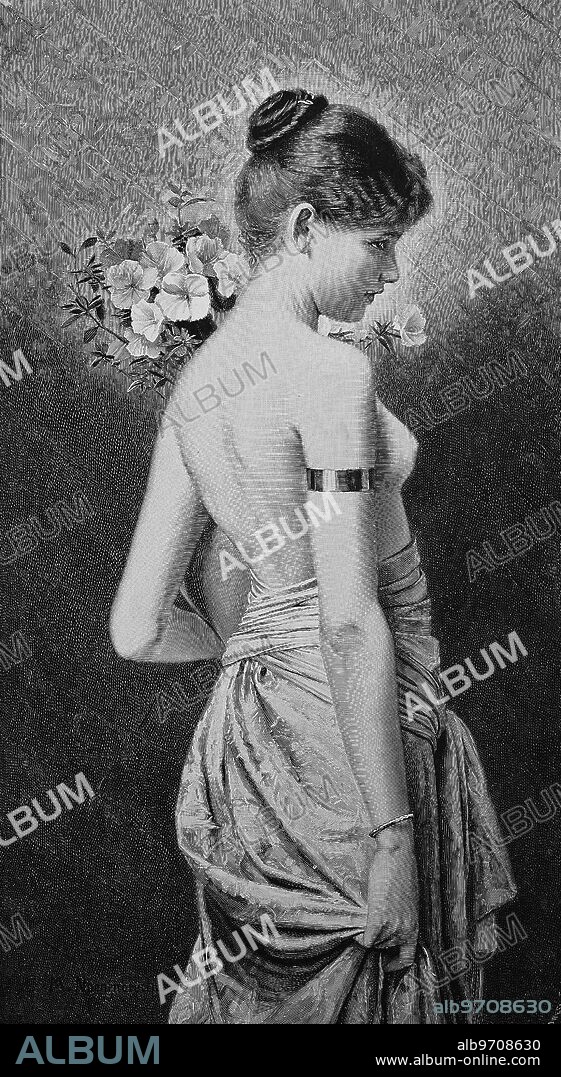 Young girl with a bouquet and naked torso, half-bodied, nude, by Max Nonnenbruch, illustration published in 1880.