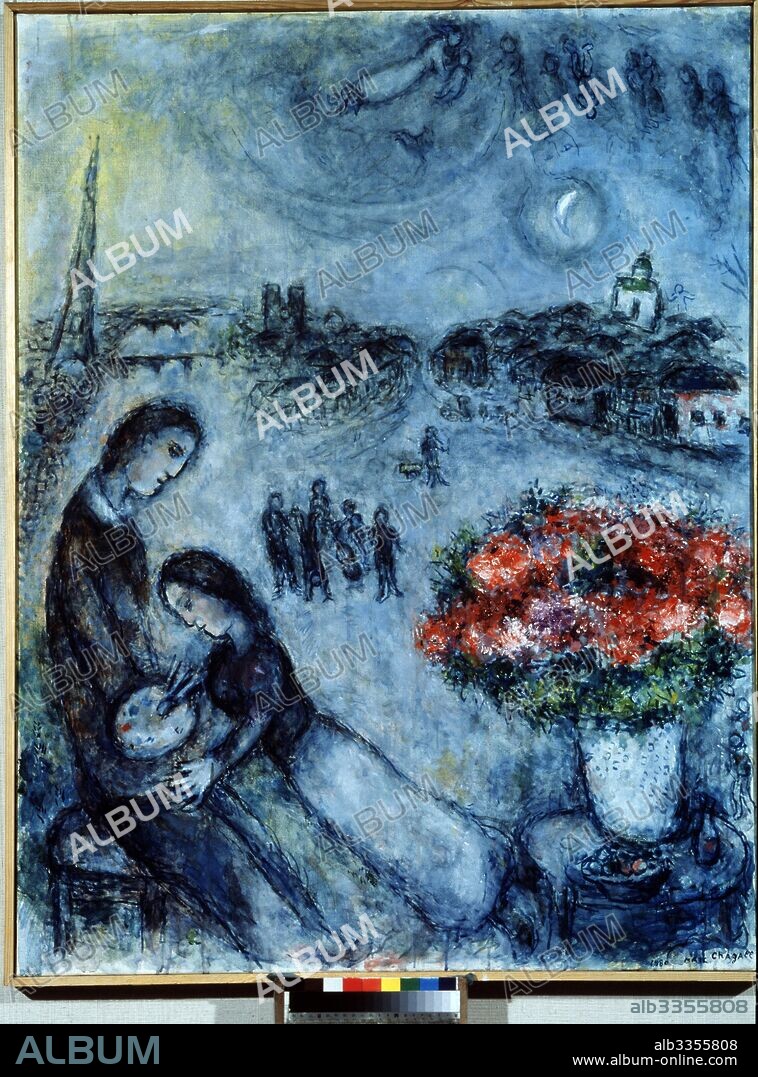 MARC CHAGALL. Newlyweds with Paris in the background