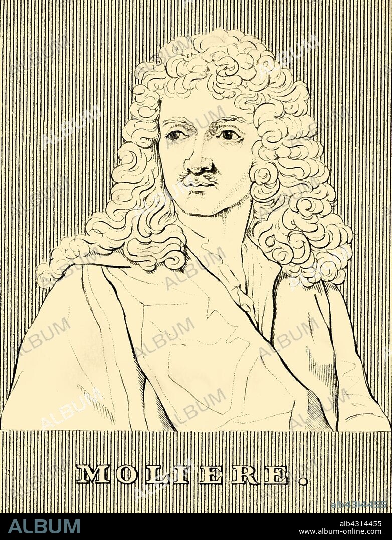 'Moliere', (1622-1673), 1830. Jean-Baptiste Poquelin (1622-1673) known as Moliere. French playwright, actor and poet,  regarded as one of the greatest writers in the French language. With patronage from Philippe I, Duke of Orleans her performed for Louis XIV at the Louvre. From "Biographical Illustrations", by Alfred Howard. [Thomas Tegg, R. Griffin and Co., J. Cumming, London, Glasgow and Dublin, 1830].