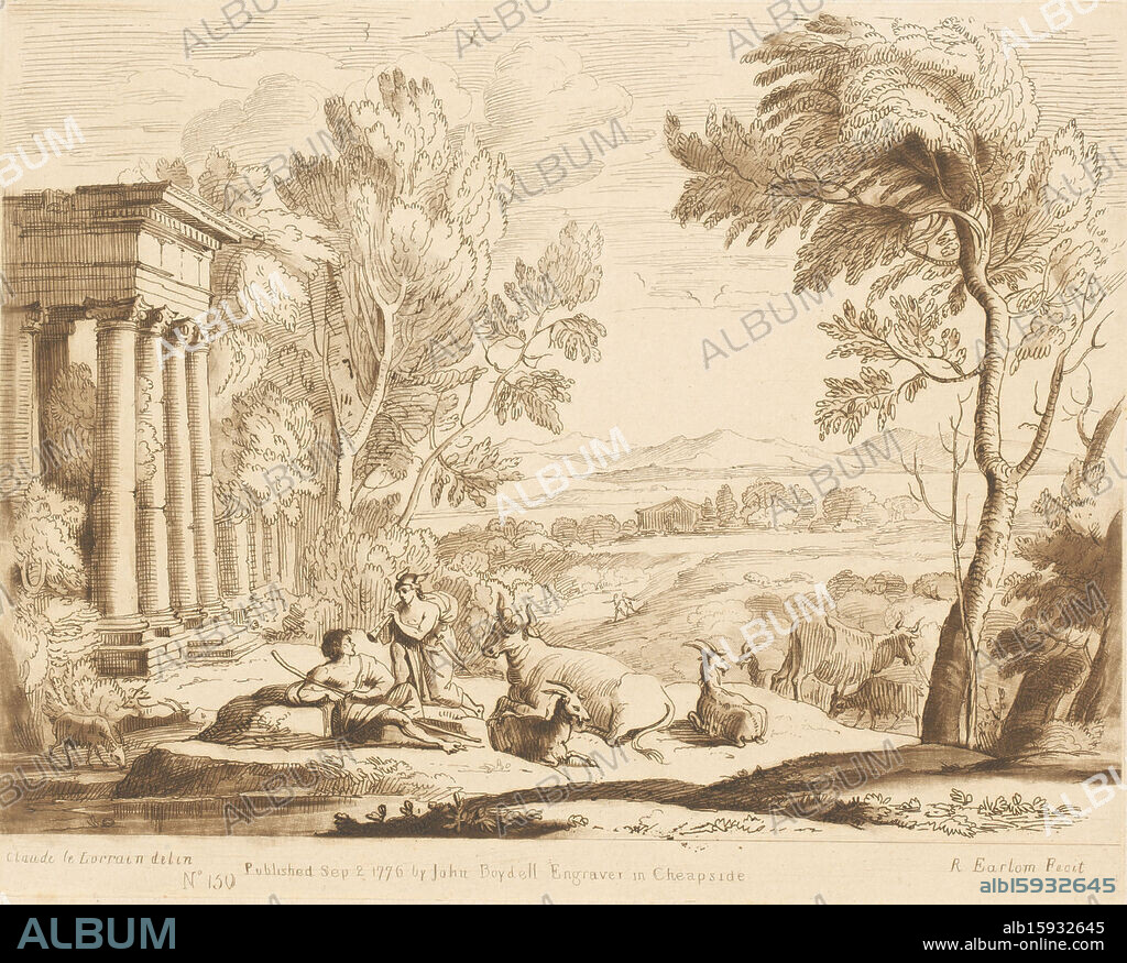 Landscape with Mercury playing Argus to sleep with his flute, Prints after drawings by Claude Lorrain (series title), Liber Veritatis. Or a Collection of Two Hundred Prints, after the original designs of Claude le Lorrain (...) (series title), print maker: Richard Earlom, after drawing by: Claude Lorrain, publisher: John Boydell, London, 2-Sep-1776, paper, etching, height 207 mm × width 259 mm, print.