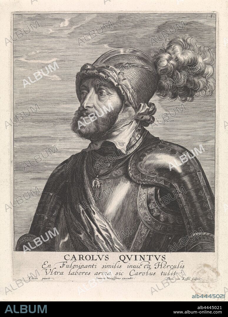 Portrait of Emperor Charles V Emperor of Germany CAROLUS QUINTUS (title on object), Half-length portrait of Emperor Charles V, Emperor of Germany, King of Spain. Emperor Charles V is armored and wears a sash and a golden fleece pendant around his neck. He looks to the left and clouds are depicted in the background. Below the print a two lines with Latin text., Charles V of Habsburg (German Emperor and King of Spain), Theodorus van Kessel (mentioned on object), 1630 - 1660, paper, engraving, h 222 mm × w 170 mm.
