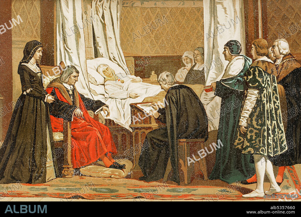 Isabella I (1451-1504), Queen of Castile (1474-1504). Queen consort of Sicily and Aragon for her marriage to Ferdinand II of Aragon. Queen Isabella the Catholic dictating her Will. Isabella is shown dictating her last will and testament at Medina del Campo on October 12, 1504, just days before she died. Illustration, copy of the Eduardo Rosales painting. Chromolithography. Historia General de España (General History of Spain), by Miguel Morayta. Volume III. Madrid, 1890.