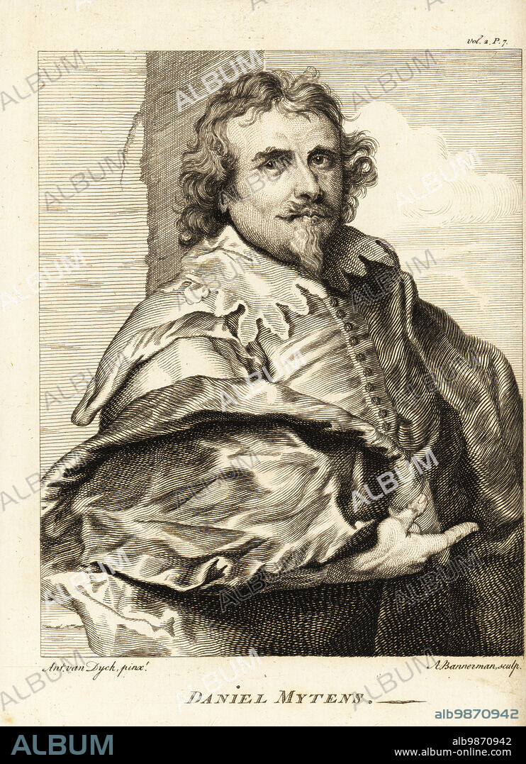 Portrait of Daniel Mytens the Elder or Daniël Mijtens, Dutch portrait painter who worked in England, c.1590-1648. Copperplate engraving by Alexander Bannerman after a portrait by Anthony van Dyck from Horace Walpoles Anecdotes of Painting in England, London, 1765.