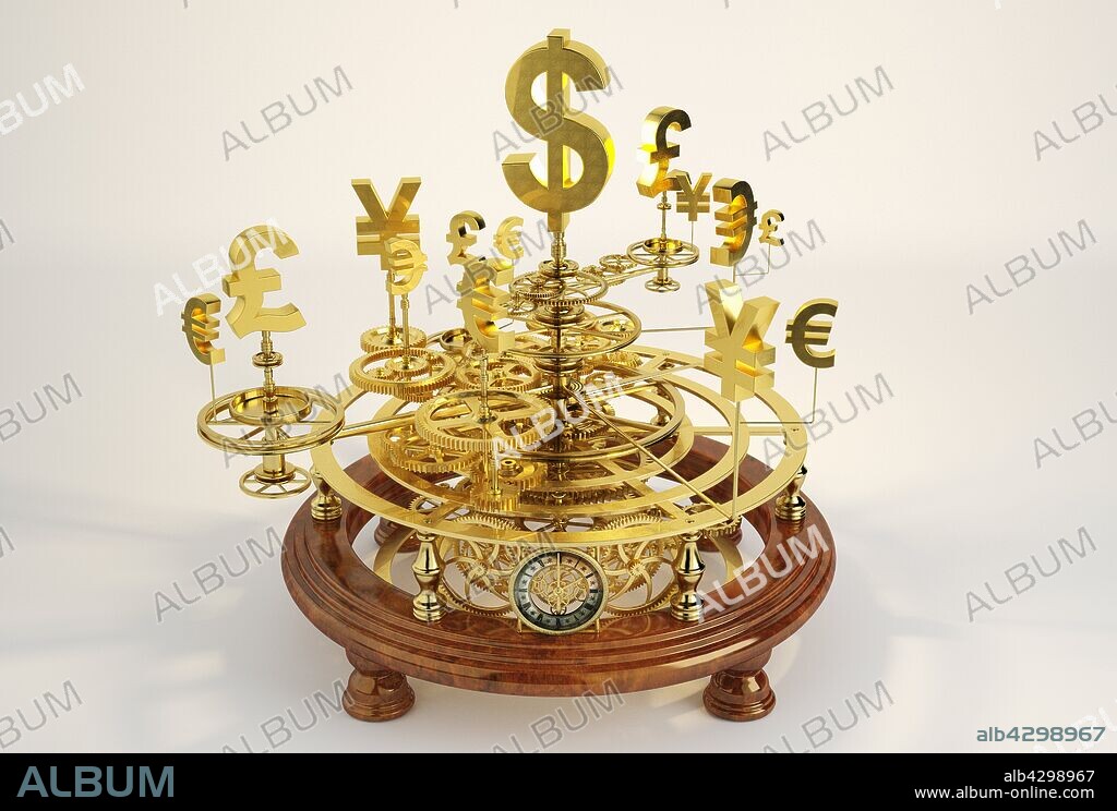 Gold international currency symbols on clockwork orrery.