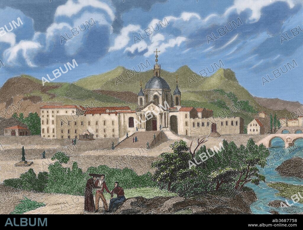 Sanctuary and Basilica of San Ignacio de Loyola, Azpeitia, province of Guipuzcoa, Basque Country, Spain. It was designed by Carlo Fontano, student of Bernini. The construction began in 1689 and was completed by the brothers Ignacio and Francesco de Ibero. Engraving, 19th century. Later colouration.