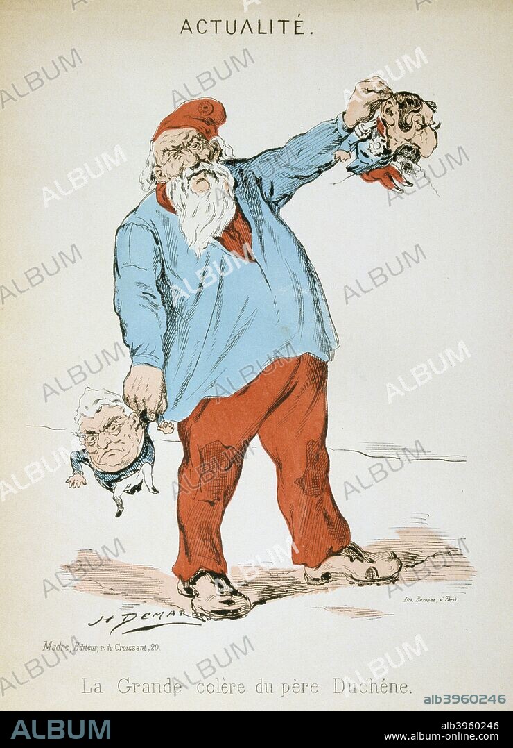 'La Grande Colere du Pere Duchene', Franco-Prussian war, 1871. Originally published at the time of the French Revolution, Le Pere Duchene was an extreme radical newspaper that reappeared during the Paris Commune of 1871. Cartoon from Actualite. From a private collection.